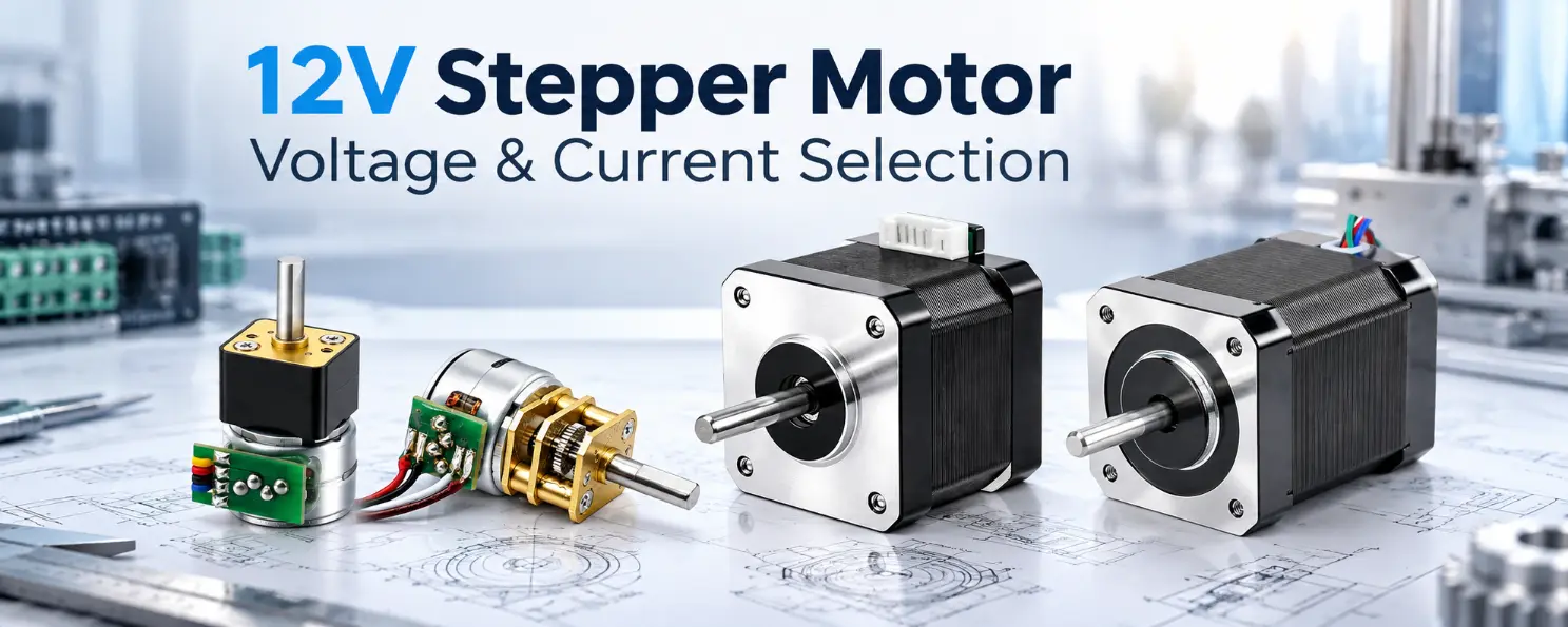 12v stepper motor lineup on technical drawings for engineers selecting voltage and current