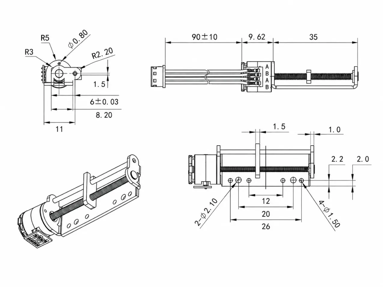KC-10BY linear stepper motor technical 2D drawing showing 35mm screw travel and 26mm mounting hole pitch.