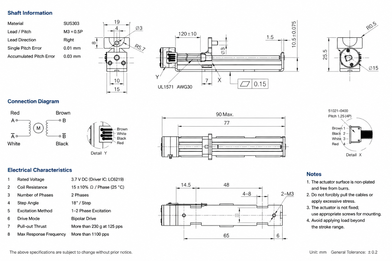 KC-15BY2577 Linear Stepper Dimensions & Technical Drawing Kechen Motor KC-15BY2577 Technical 2D Drawing showing 77mm slide travel, M3x0.5P lead screw, and 15mm motor diameter.