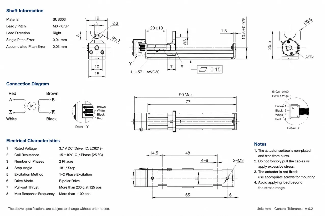 Kechen Motor KC-15BY2577 Technical 2D Drawing showing 77mm slide travel, M3x0.5P lead screw, and 15mm motor diameter.