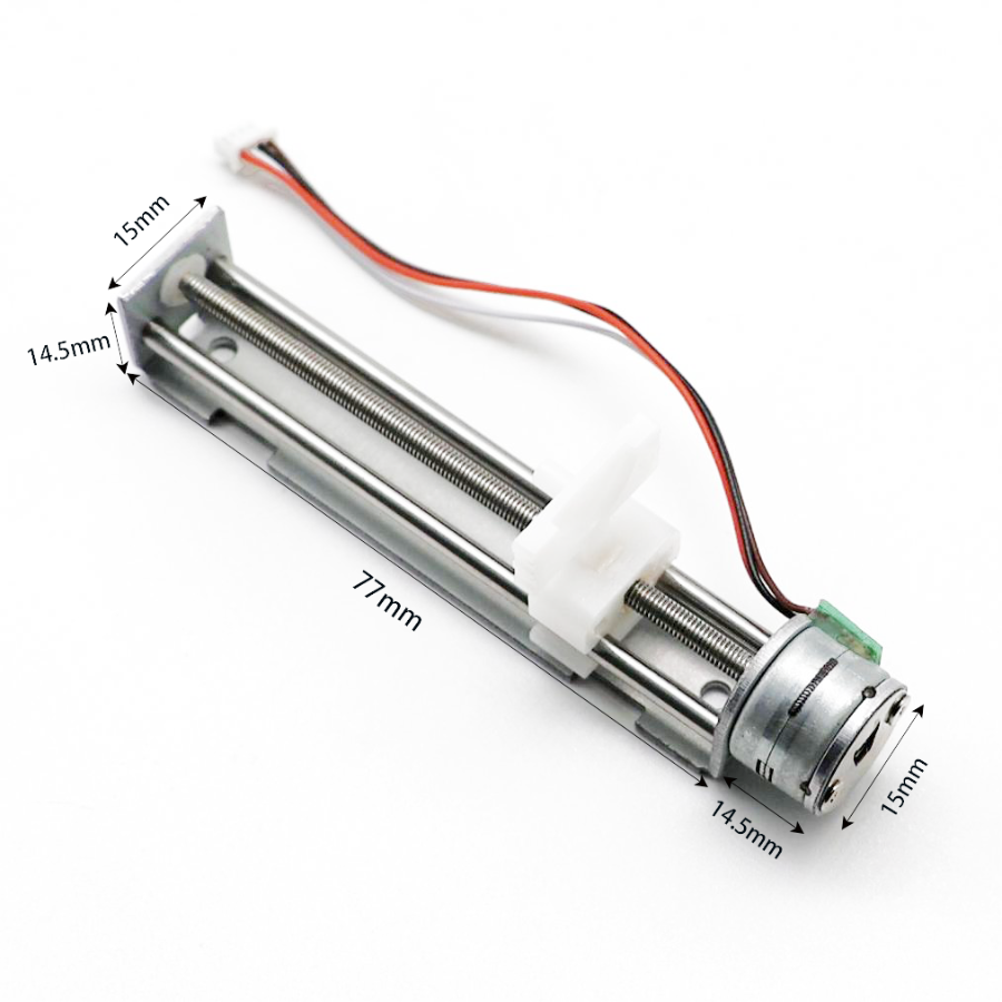 Kechen Motor KC-15BY2577 3.7V Stepper Motor Linear Slide, 77mm Travel, 15mm Dia, Dimensions shown for precision positioning.