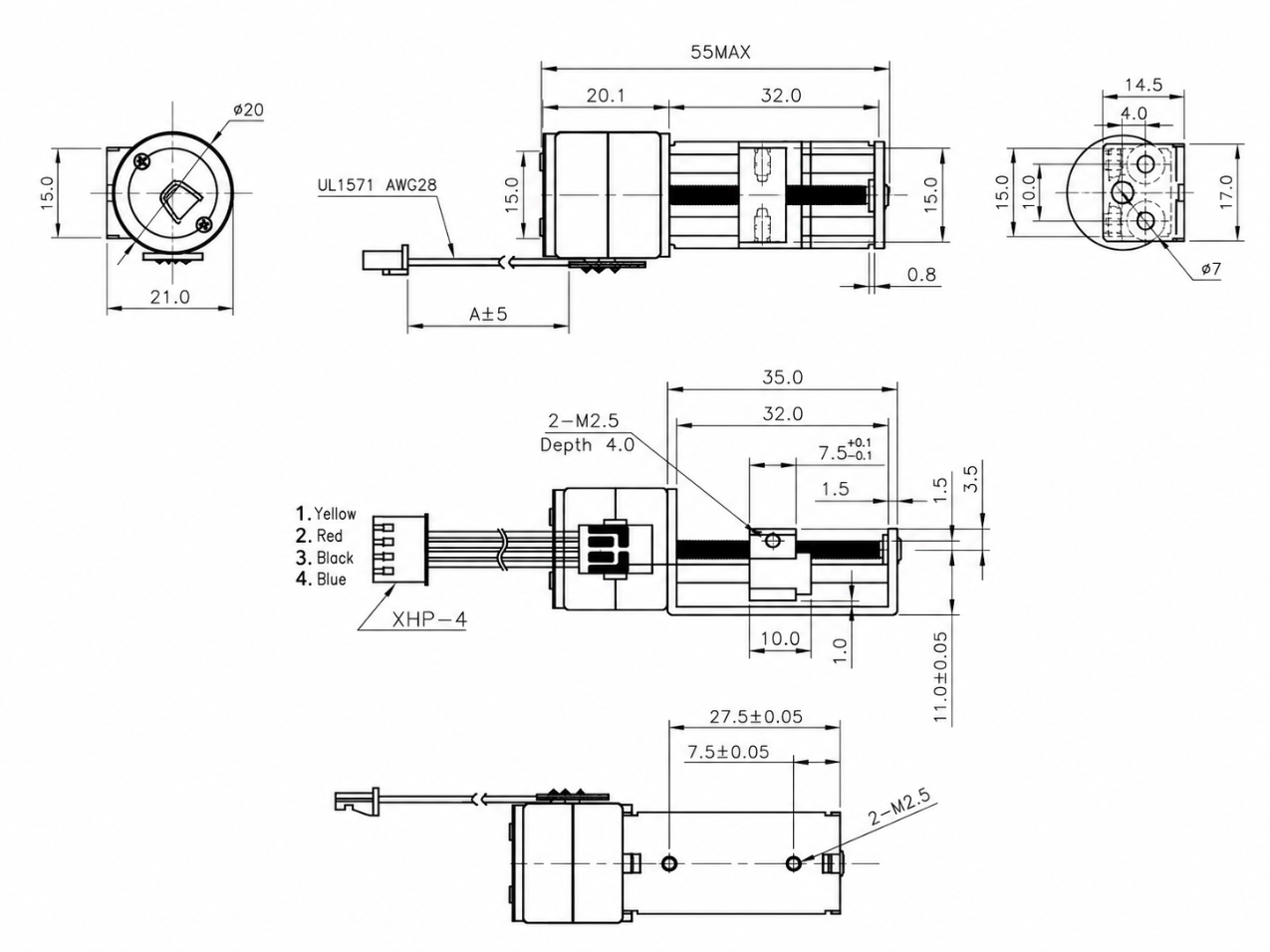 KC-20BY-32mm Linear Stepper Motor Dimensions - Kechen Motor KC-20BY-32mm 12V 20mm linear stepper motor technical drawing with 32mm travel distance and M2.5 mounting holes.