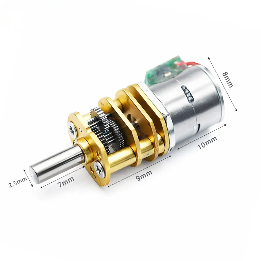 KC-GM10-08BYJ gear stepper motor with 10mm body, 8mm diameter, and 9mm gearbox length showing precise technical dimensions.