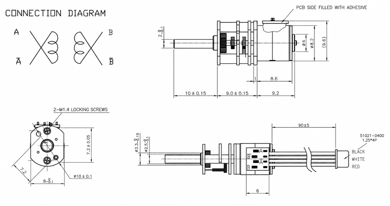 KC-GM10-08BYJ25 technical 2D drawing showing 8mm diameter, 9mm gearbox length, and 2-M1.4 locking screws.