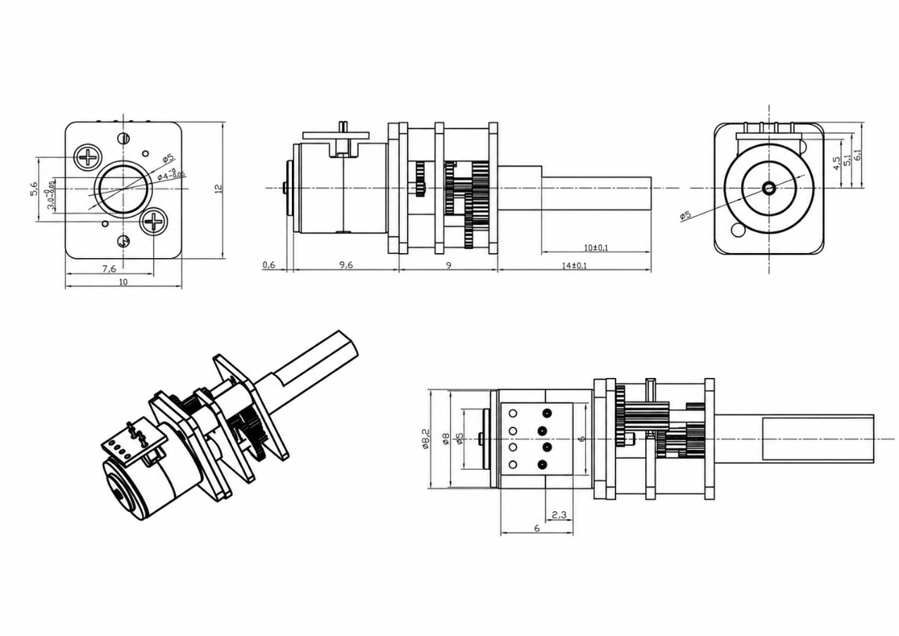KC-GM12-08BY series geared motor technical 2D drawing showing 12mm gearbox width and 3mm D-shaft dimensions.