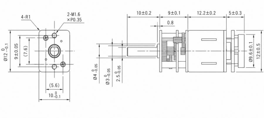 Kechen Motor KC-GM12-N10 Micro Gearmotor Technical 2D Drawing showing M1.6 mounting holes and 3mm shaft dimensions.