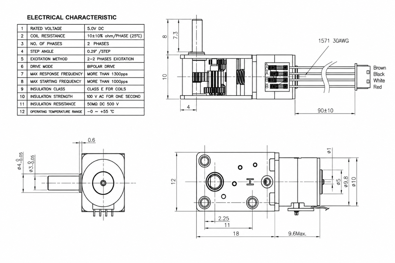 KC-GM1812-10BYJ worm gear stepper motor technical 2D drawing showing 18mm gearbox and shaft dimensions.