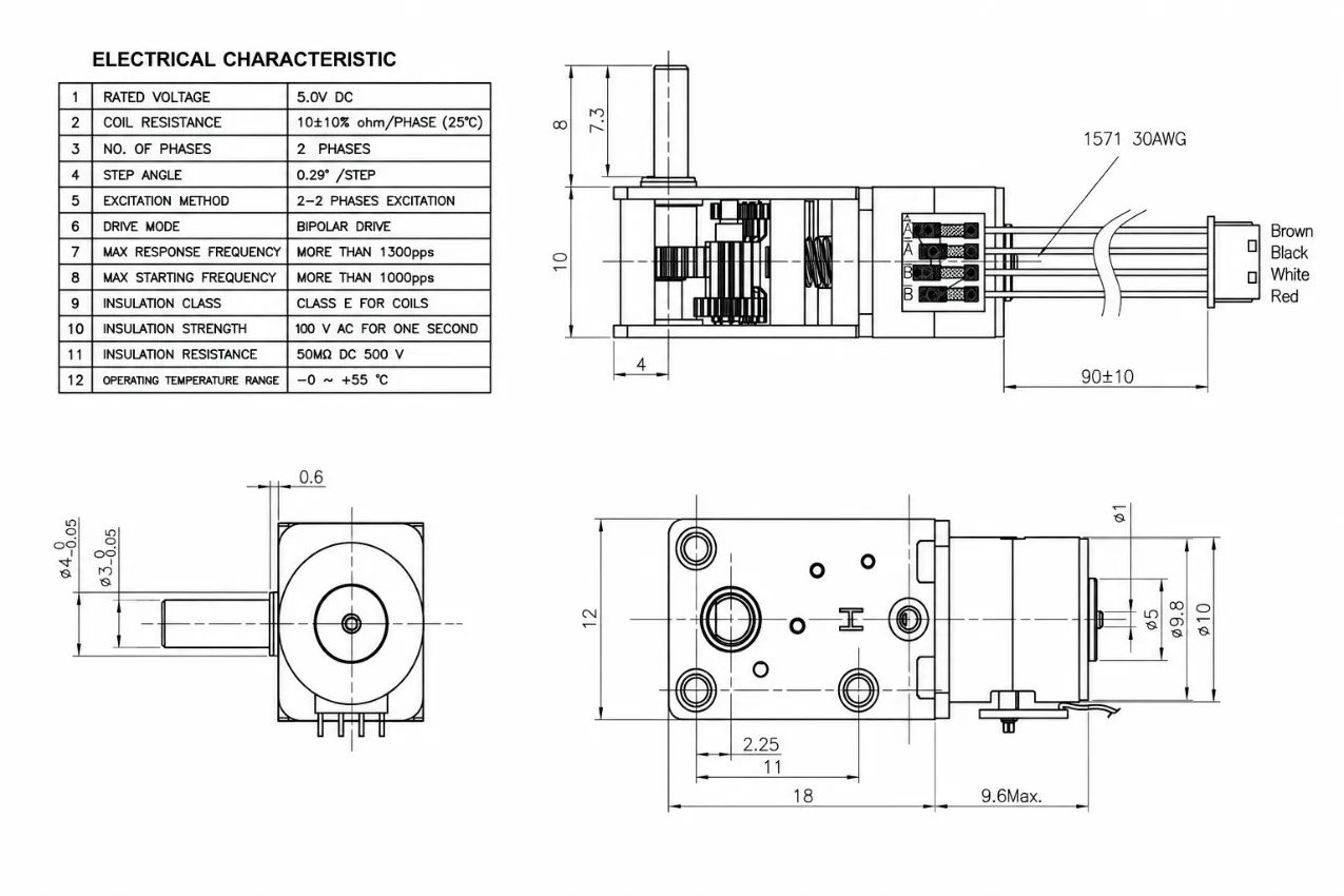 KC-GM1812-10BYJ worm gear stepper motor technical 2D drawing showing 18mm gearbox and shaft dimensions.