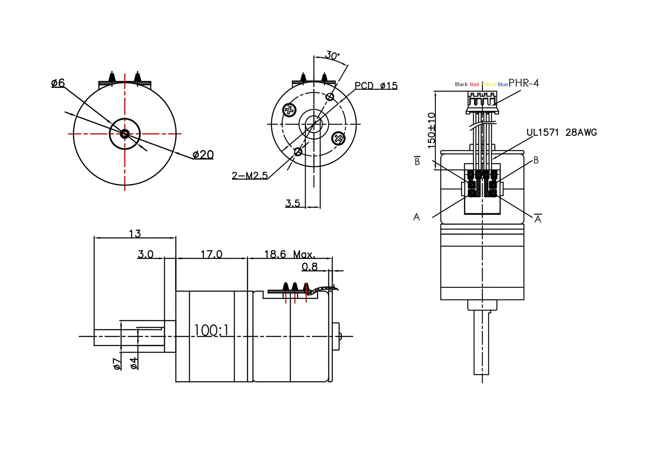 KC-GM20-20BY geared stepper motor technical 2D drawing showing PCD15 mounting holes and 4mm D-cut shaft dimensions.