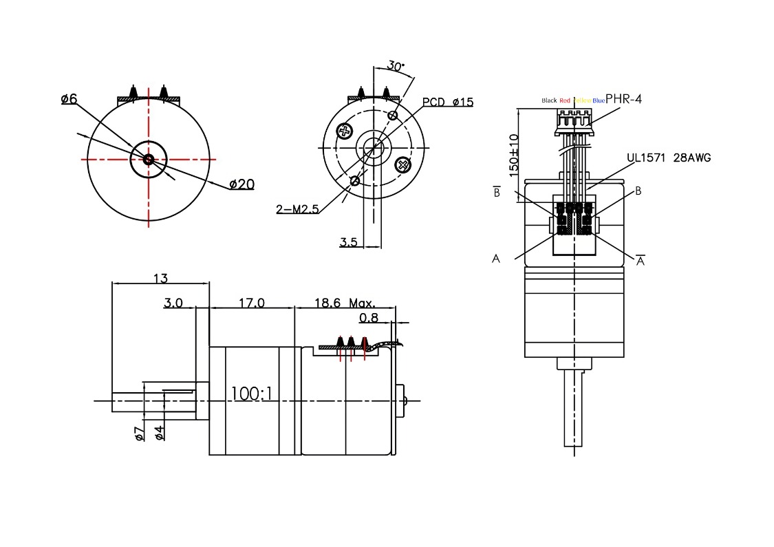 KC-GM20-20BY Geared Stepper Motor Mechanical Drawing and Dimensional Specifications KC-GM20-20BY geared stepper motor technical 2D drawing showing PCD15 mounting holes and 4mm D-cut shaft dimensions.