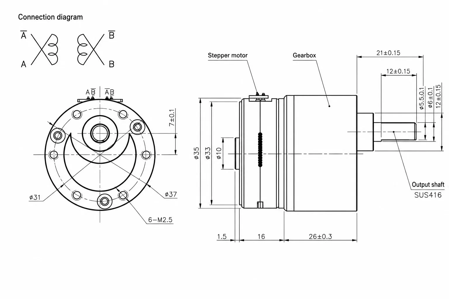 Kechen Motor KC-GM37-35BY geared stepper motor technical 2D drawing showing 37mm gearbox, 6mm D-shaft and M2.5 holes.