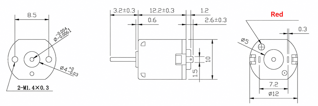 KC-N10-15.9-3.3V Micro DC Motor Dimensions & Technical Drawing KC-N10-15.9-3.3V Micro DC Motor Technical 2D Drawing showing 12.2mm body length, M1.4 mounting holes, and 8.5mm PCD.