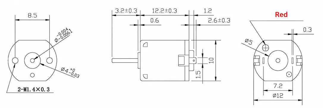 KC-N10-15.9-3.3V Micro DC Motor Technical 2D Drawing showing 12.2mm body length, M1.4 mounting holes, and 8.5mm PCD.