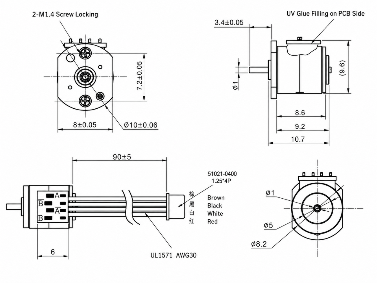 Kechen Motor KC-08BY 8mm Miniature Stepper Motor Drawing KC-08BY 8mm PM stepper motor technical drawing, 18 degree step angle, 10.7mm thickness for precision industrial equipment.