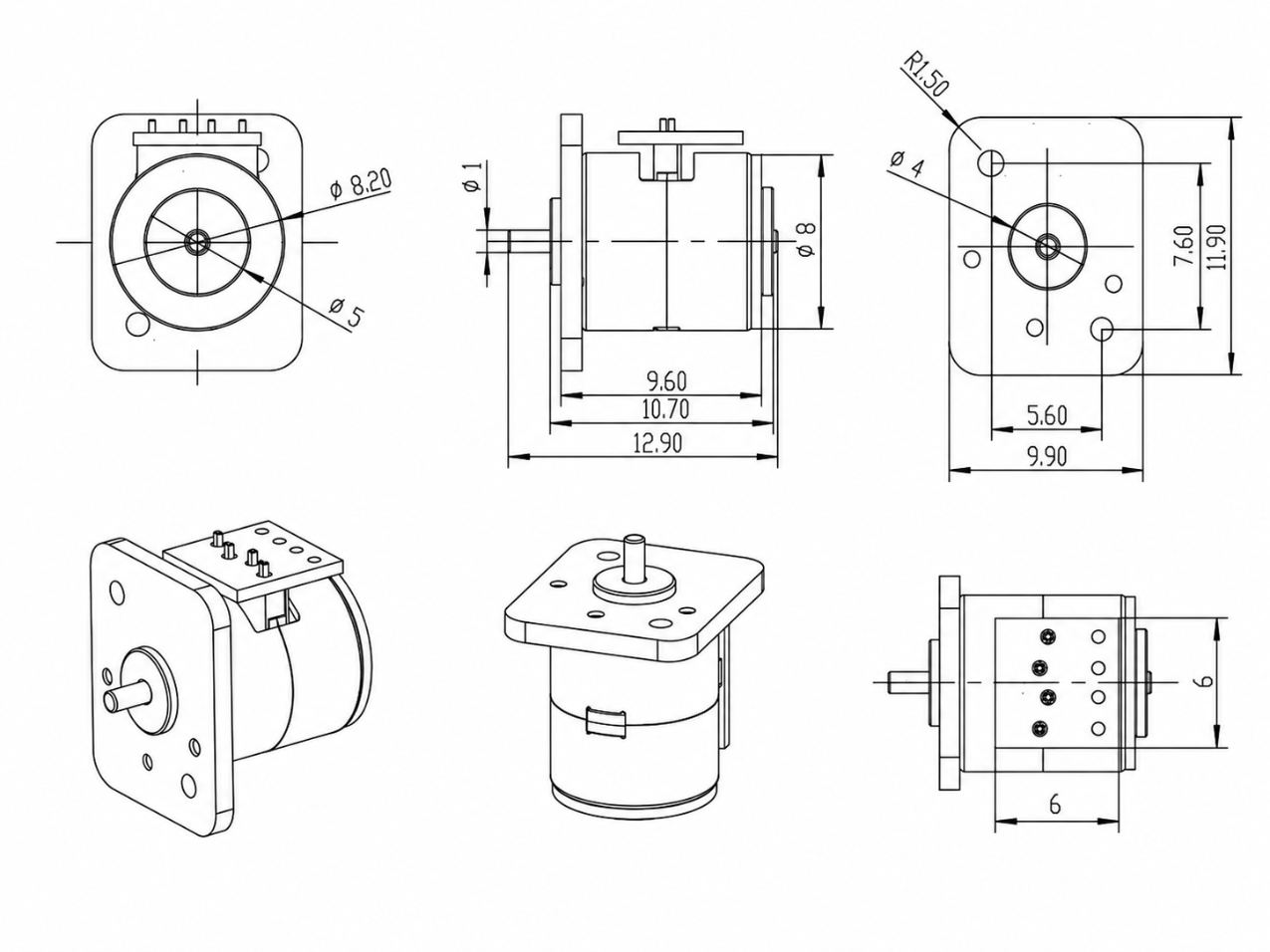 Kechen Motor KC-08BY 2-Phase Stepper Motor Dimensions KC-08BY 2-phase 4-wire miniature motor dimensions showing 8.2mm diameter and mounting plate for ultra-compact applications.