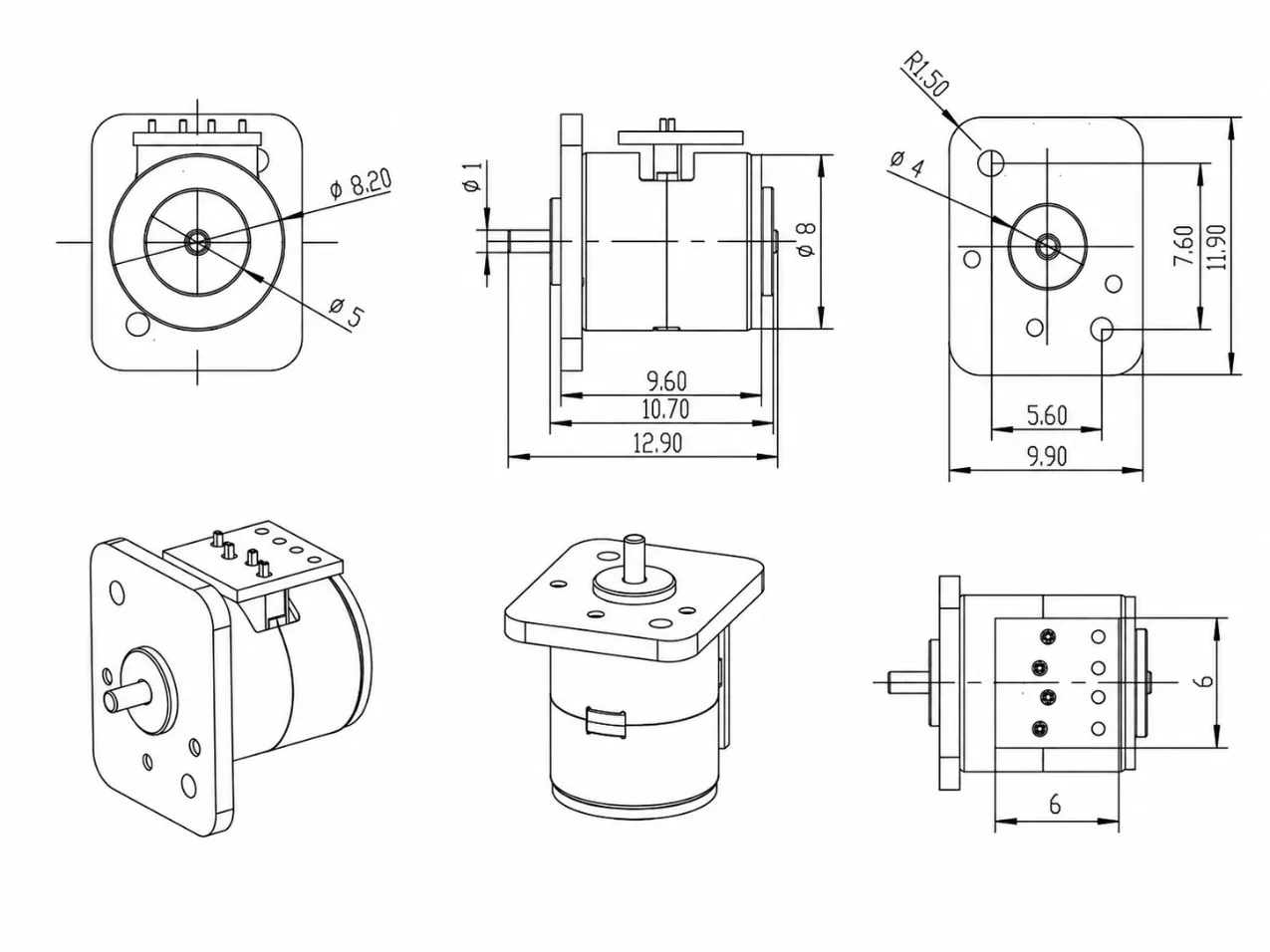 Kechen Motor KC-08BY 2-Phase Stepper Motor Dimensions KC-08BY 2-phase 4-wire miniature motor dimensions showing 8.2mm diameter and mounting plate for ultra-compact applications.