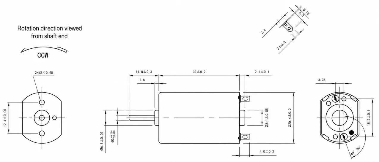 KC-180SH micro DC motor technical 2D drawing showing 32mm body length, 2mm shaft diameter, and M2 mounting holes.