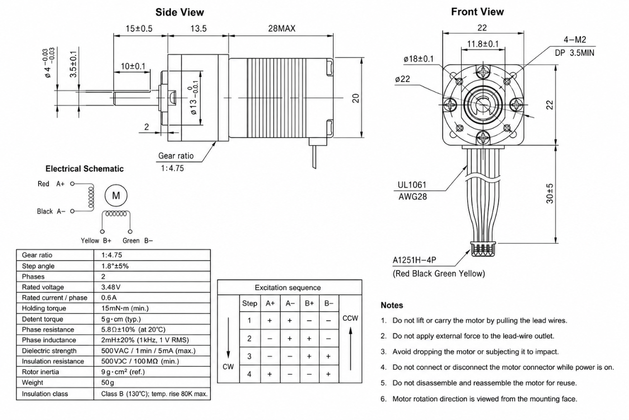 KC-20HYB28L4-216 Geared Stepper Motor Technical Drawing Kechen Motor KC-20HYB28L4-216 2D drawing showing 1:4.75 ratio 22mm frame and 4-M2 mounting holes.