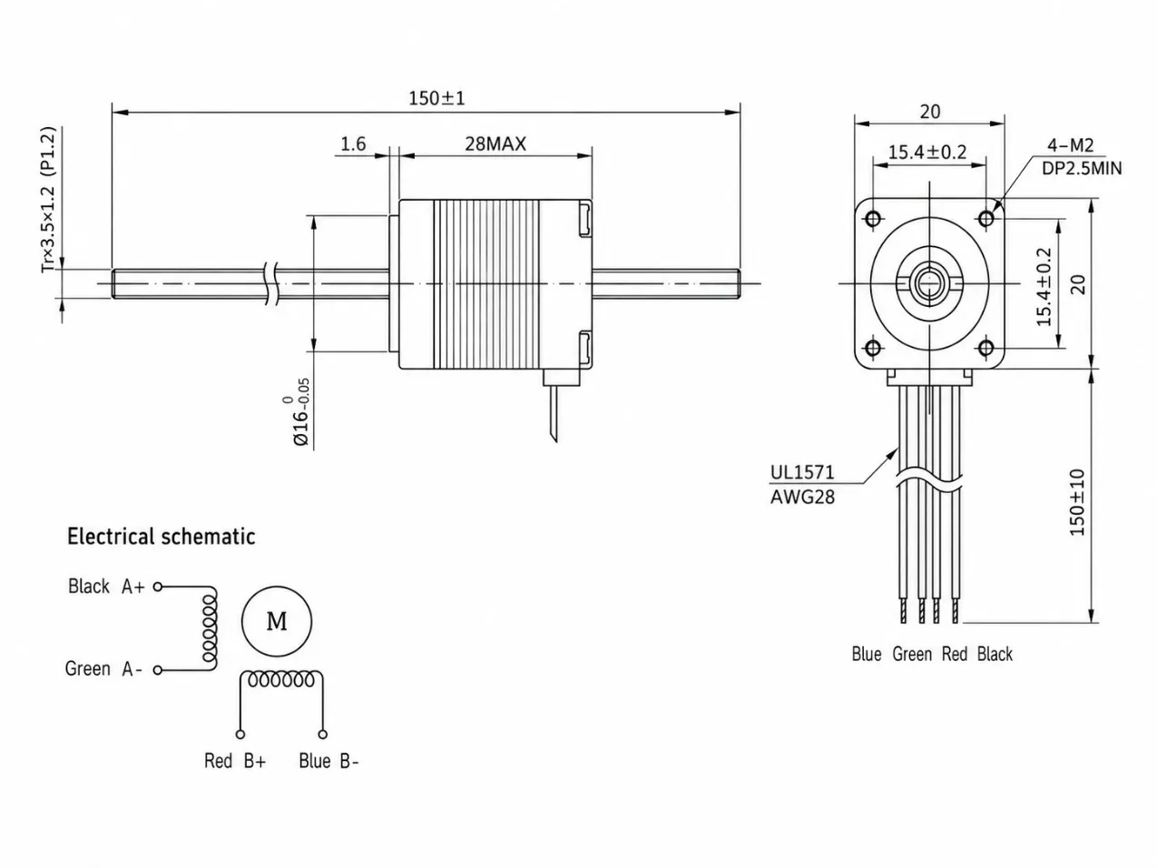 Kechen Motor KC-20HYB28L4 2D drawing of through-shaft lead screw motor with Tr3p5 screw and dual shaft.