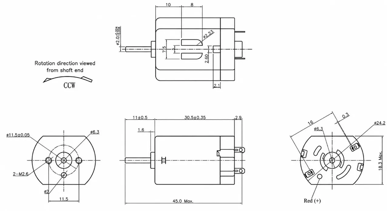 KC-280SA Micro DC Motor Dimensions & Technical Drawing KC-280SA technical 2D drawing showing 30.5mm body, 2.0mm shaft diameter, and M2.6 mounting holes.