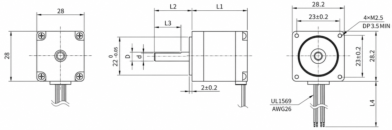 Kechen Motor KC-28HYB NEMA 11 stepper motor technical 2D drawing showing 28mm frame, PCD 23mm, and 4xM2.5 mounting holes.