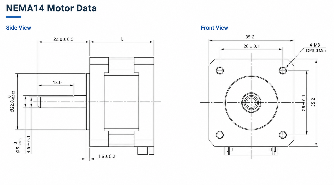Kechen Motor KC-35HYB NEMA 14 Technical Drawing Kechen Motor KC-35HYB series NEMA 14 stepper motor technical 2D drawing showing 35.2mm frame, 26mm pitch and 4-M3 holes.