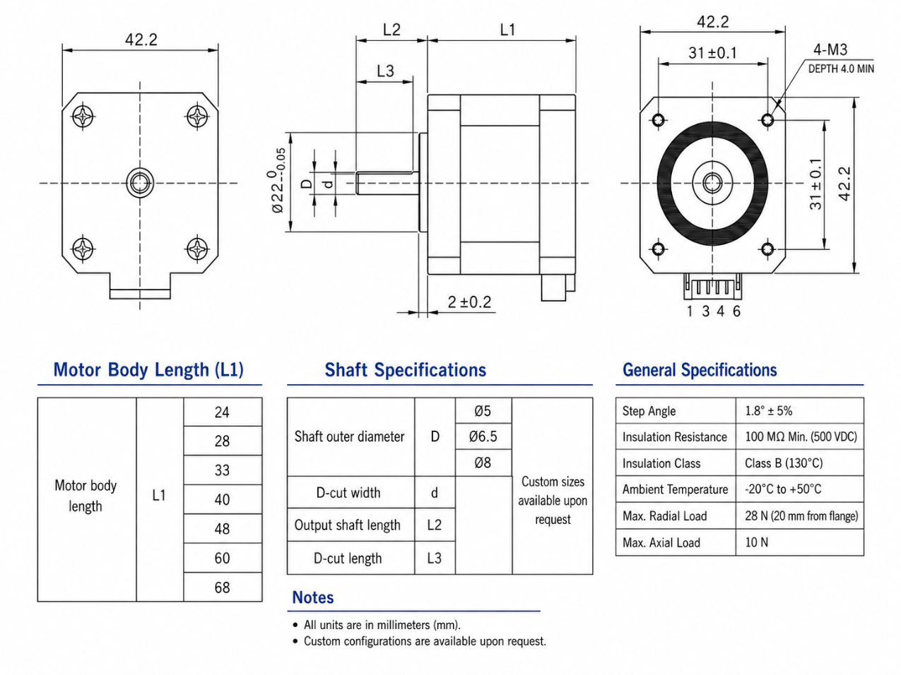 Kechen Motor NEMA 17 2D drawing showing 42.2mm frame size, 31mm mounting hole pitch, and M3 thread specification.