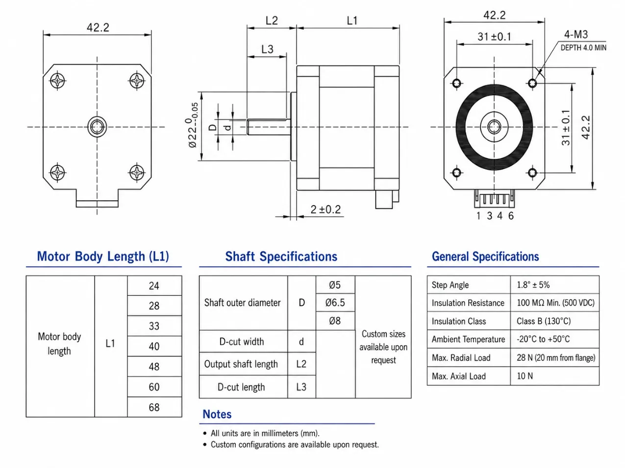 Kechen Motor NEMA 17 2D drawing showing 42.2mm frame size, 31mm mounting hole pitch, and M3 thread specification.