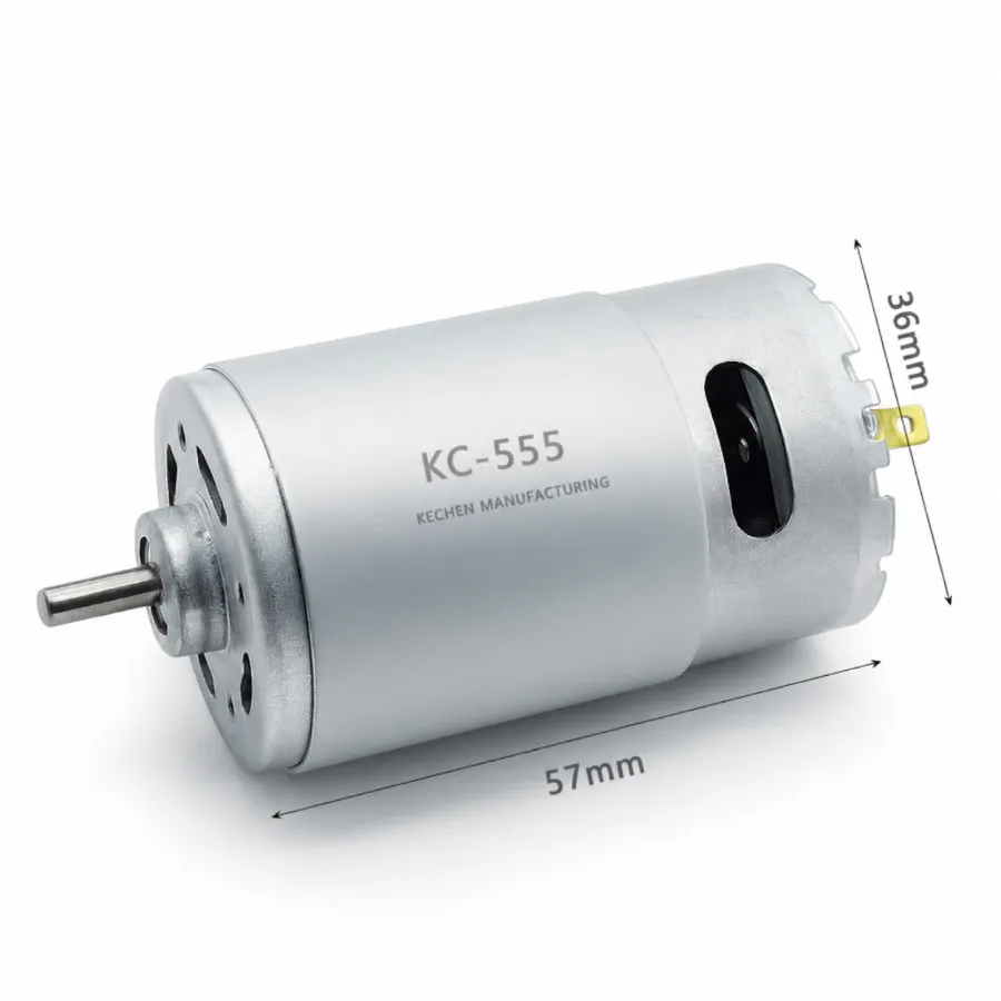 KC-555PH brushed motor with 36mm diameter and 57mm length technical dimensions for B2B procurement.