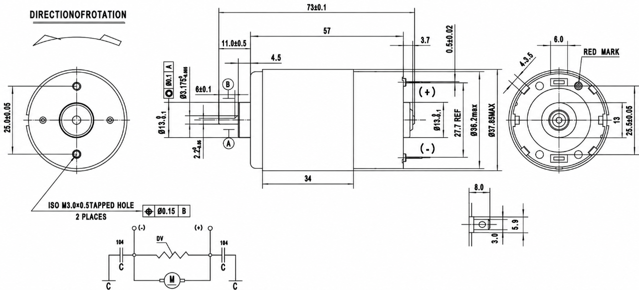 KC-555PH series motor technical 2D drawing showing 36.2mm body, 25mm PCD mounting holes, and 3.175mm shaft.