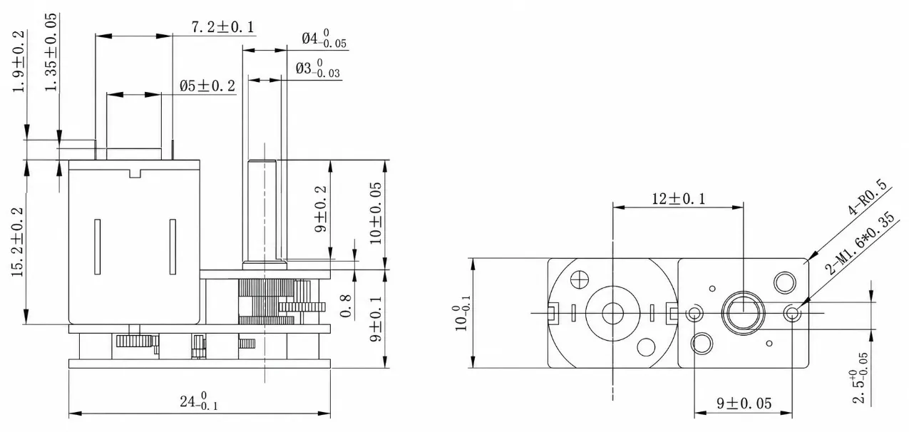 KC-GM1024-N20VA DC Gear Motor 2D Outline Dimensions Kechen Motor KC-GM1024-N20VA technical 2D drawing showing M1p6 mounting holes and 3mm d-shaft dimensions.
