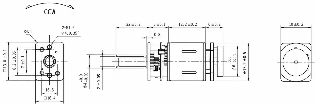 Kechen Motor KC-GM12-N10VA Technical Drawing Kechen Motor KC-GM12-N10VA 2D outline dimensions showing 3mm D-shaft and M1p6 mounting holes.