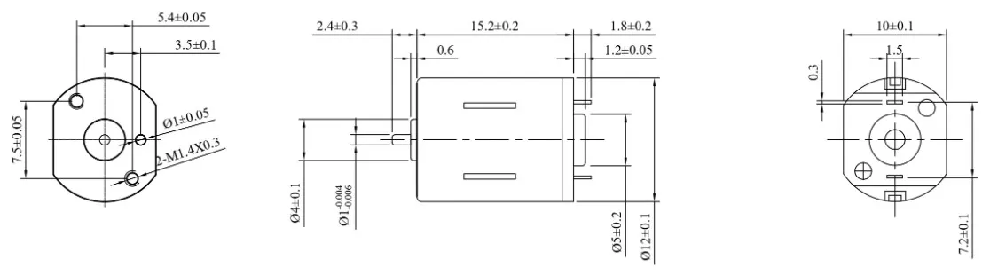 KC-N20 Micro DC Motor technical 2D drawing showing 15.2mm body length, 1mm shaft, and M1.4 mounting holes.