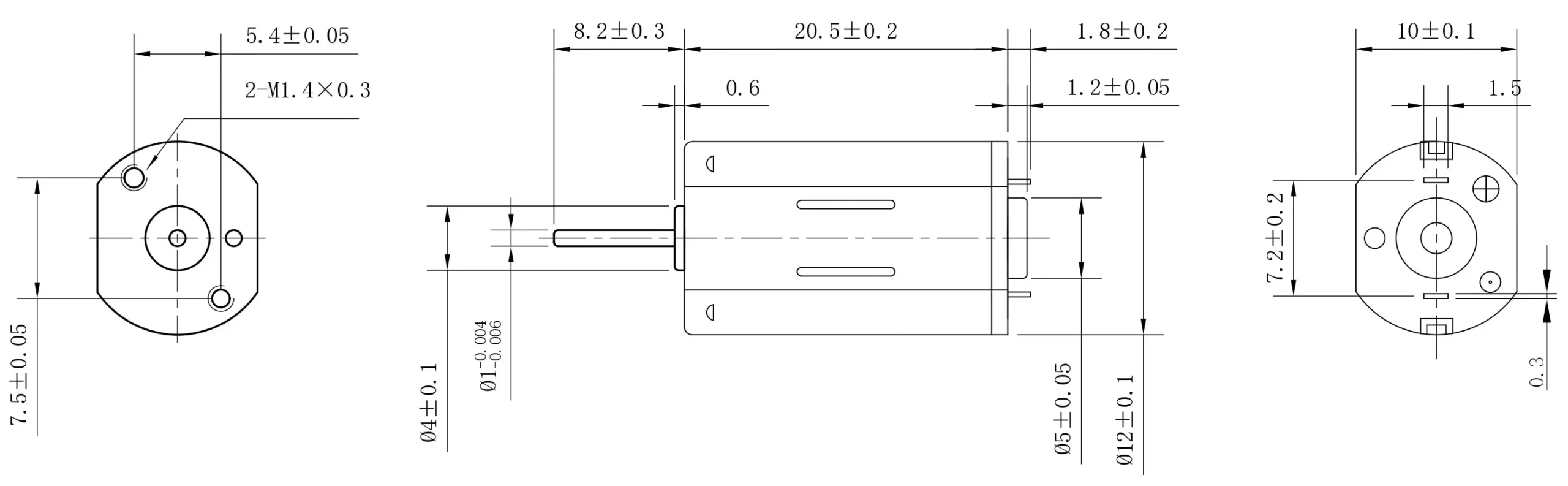KC-N30 Micro Motor 2D Outline Dimensions & Technical Drawing KC-N30 micro motor technical 2D drawing showing 8.2mm shaft length, 12mm body diameter, and M1.4 mounting holes.