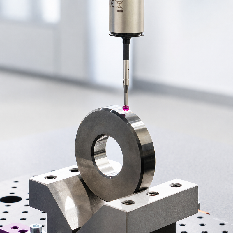 CMM probe inspecting a metal workpiece for dimensional control.