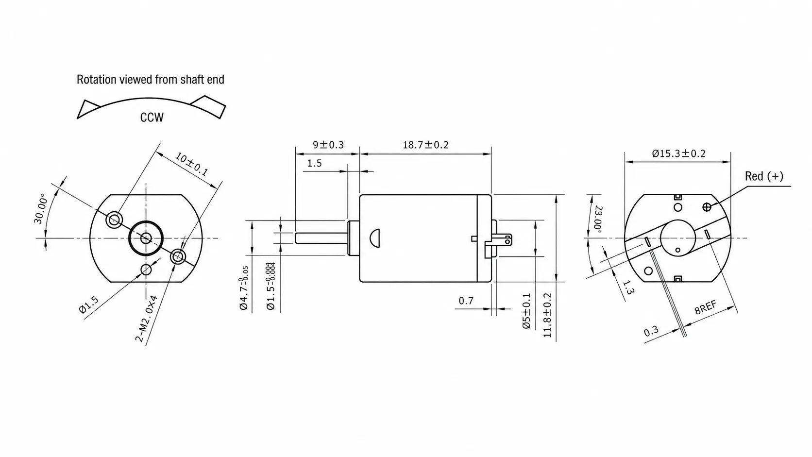 KC-030 DC motor Technical 2D Drawing showing 18.7mm body length, 10mm hole pitch, and 1.5mm round shaft.