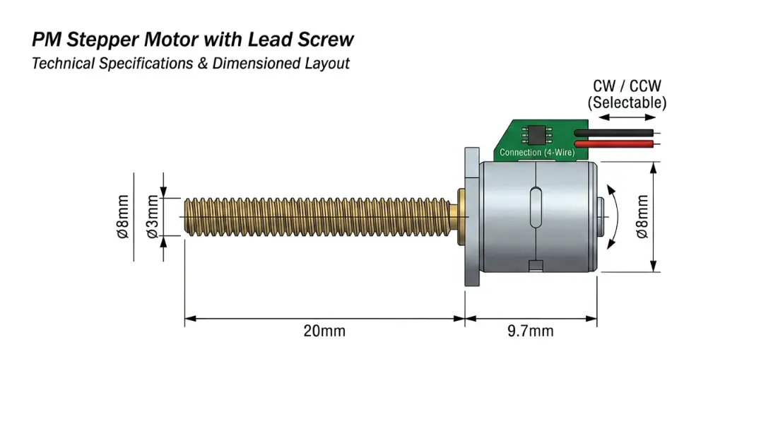 Kechen Motor KC-08BY Stepper Motor Dimensions & Drawing. Kechen Motor KC-08BY lead screw stepper motor technical 2D drawing showing 8 mm diameter and 20 mm screw length.