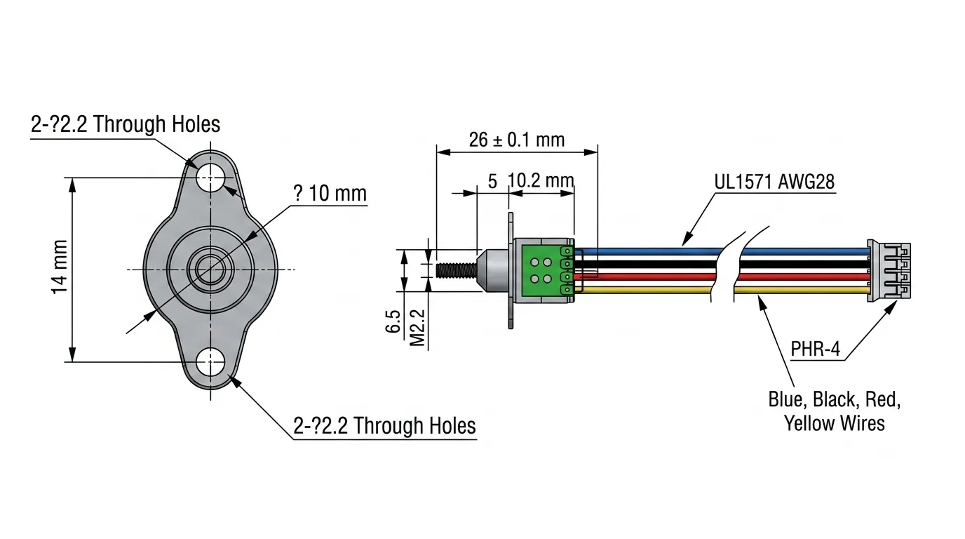 KC-10BY25 external lead screw motor technical 2D drawing showing 14mm pitch and M2.2 thread specs by Kechen Motor.