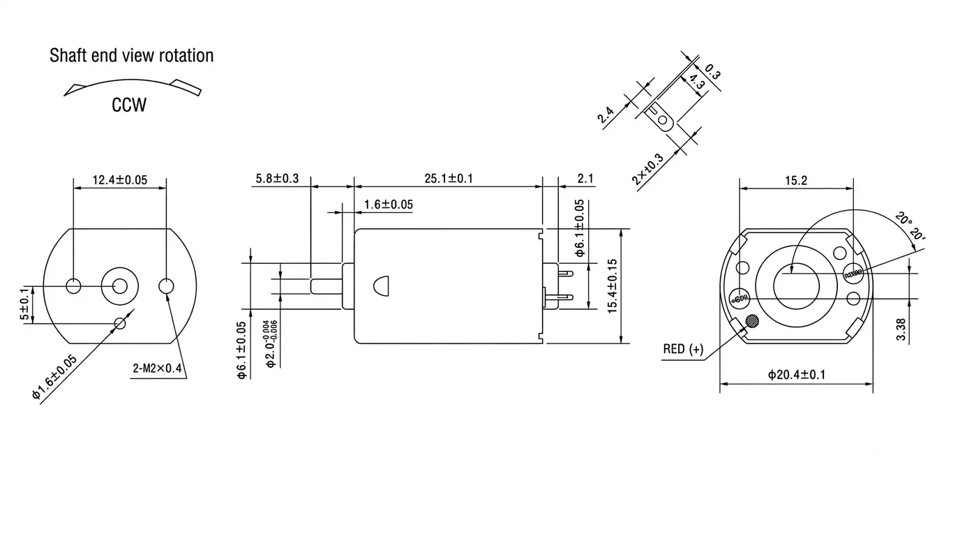 Kechen Motor KC-130SH DC Motor Dimensions & Tech Drawing Kechen Motor KC-130SH micro DC motor technical 2D drawing showing 12.4mm hole spacing and 2.0mm round shaft diameter.