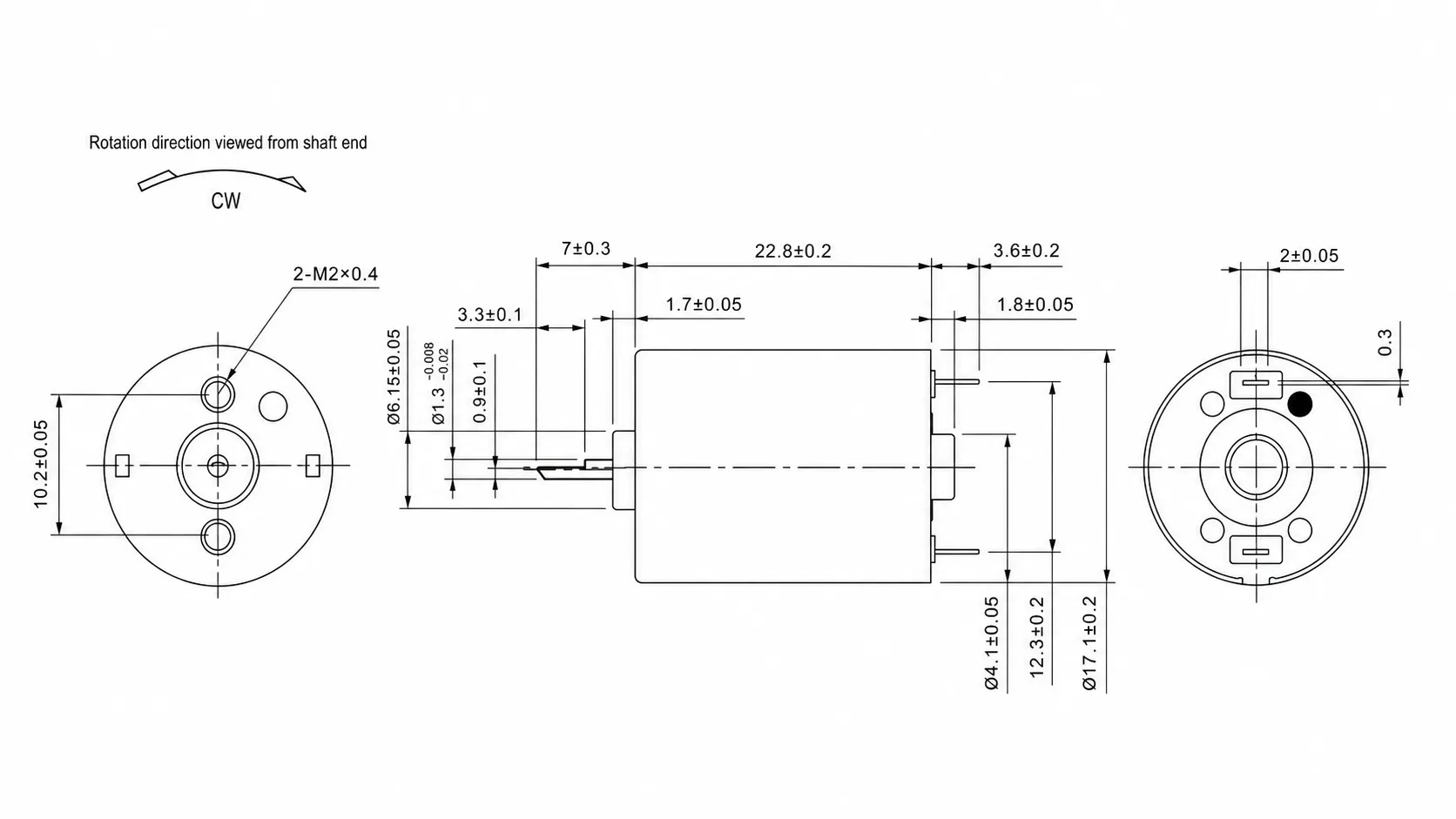 KC-130W DC Motor 2D Outline Dimensions & Technical Drawing Kechen Motor KC-130W DC motor technical 2D drawing showing 17p1mm diameter, 22p8mm body length, and 2-M2 mounting holes.
