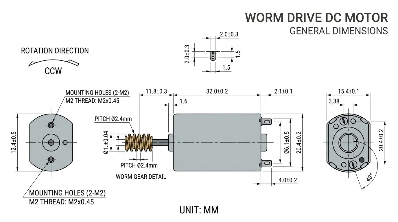 KC-180SH Worm Drive DC Motor Technical 2D Drawing showing M2 mounting holes, 32 mm length, and 2.4 mm gear pitch dimensions.