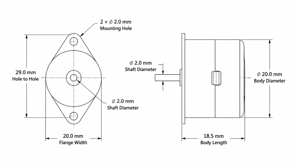 Kechen Motor KC-20BY stepper motor Technical 2D Drawing showing 29.0mm hole spacing and 2.0mm shaft diameter.