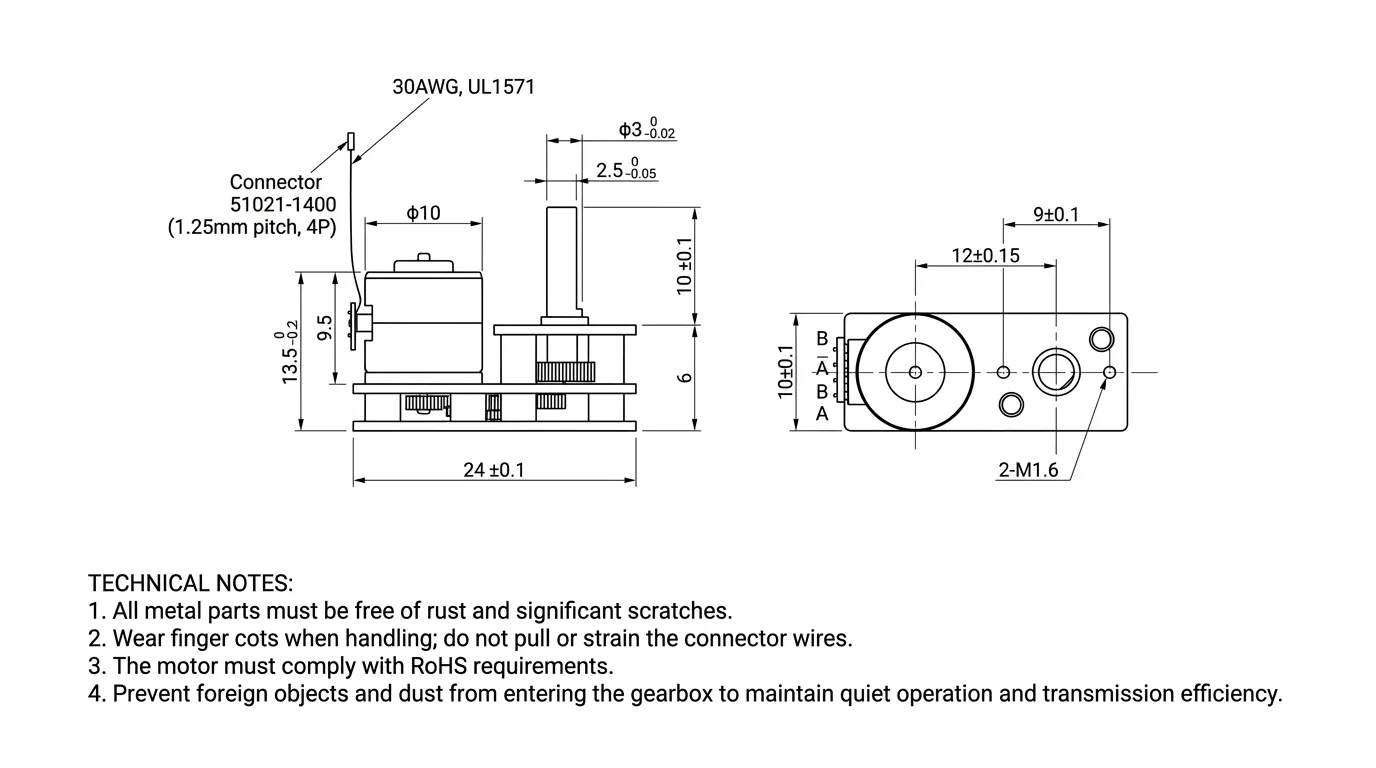 Kechen Motor KC-GM1024-10BY geared stepper motor Technical 2D Drawing showing 2-M1.6 mounting holes and 3mm shaft.