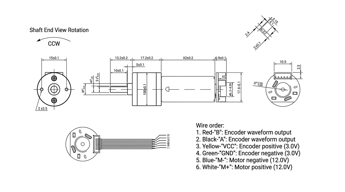 Kechen Motor KC-GM20-180SH geared motor technical 2D drawing showing 3mm shaft, 15mm PCD mounting, and encoder layout.