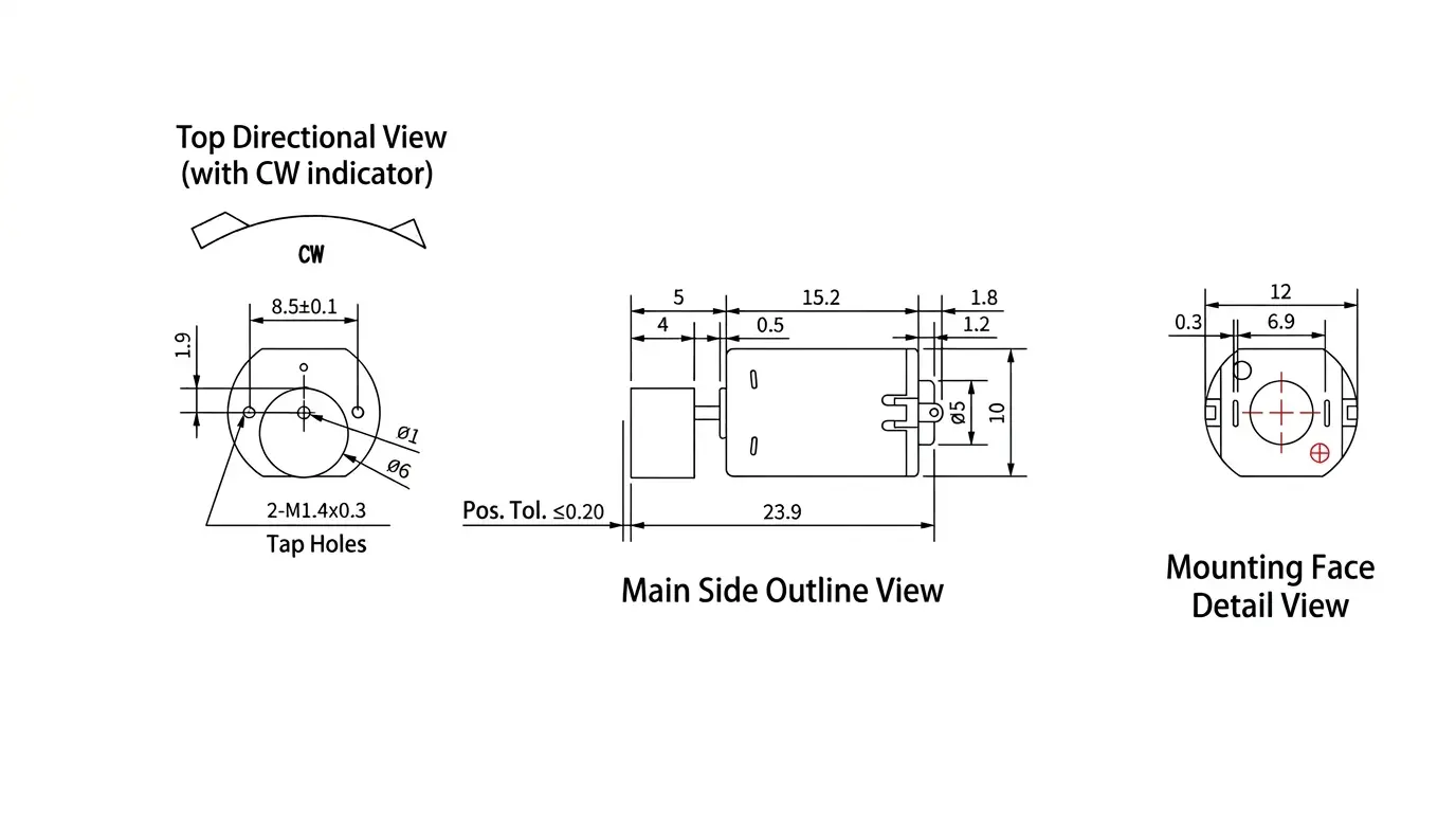 KC-N20 DC Vibration Motor Dimensions & Technical Drawing KC-N20 Permanent DC Vibration Motor Technical 2D Drawing showing M1P4 threaded hole and full outline dimensions