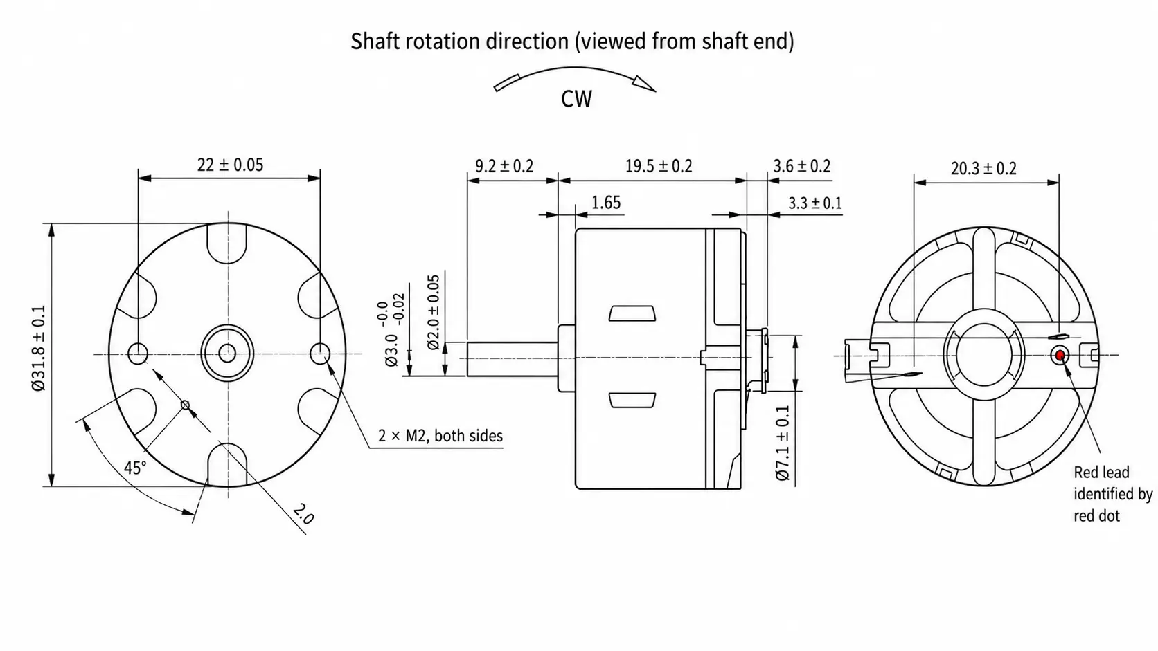 KC-RF-500TB Micro DC Motor Dimensions & Technical Drawing KC-RF-500TB micro DC motor technical 2D drawing showing 2-M2 mounting holes and 22 mm pitch specifications.