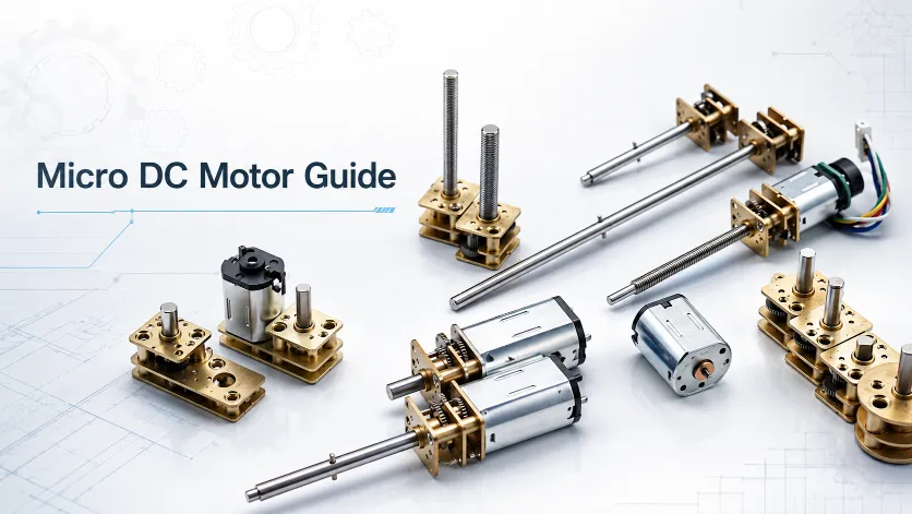 A collection of custom micro DC motors, gearmotors, and linear actuators on a technical blueprint background.