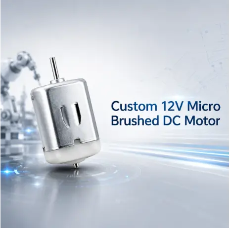 Custom 12V micro brushed DC motor showcased with industrial circuit background for engineering design