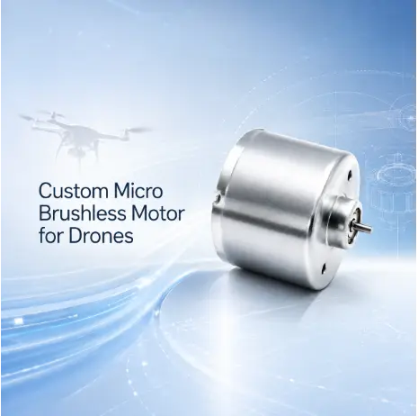 Custom micro brushless motor for drones, metal cylinder on technical blueprint background for UAV design.