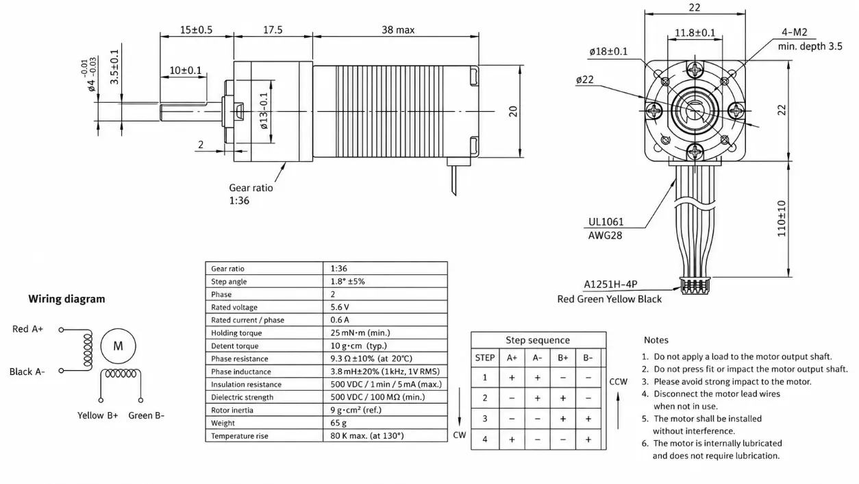 Kechen Motor KC-20HYB38L4-215 hybrid stepper gearmotor Technical 2D Drawing showing 4mm D-shaft and 1:36 gear ratio.